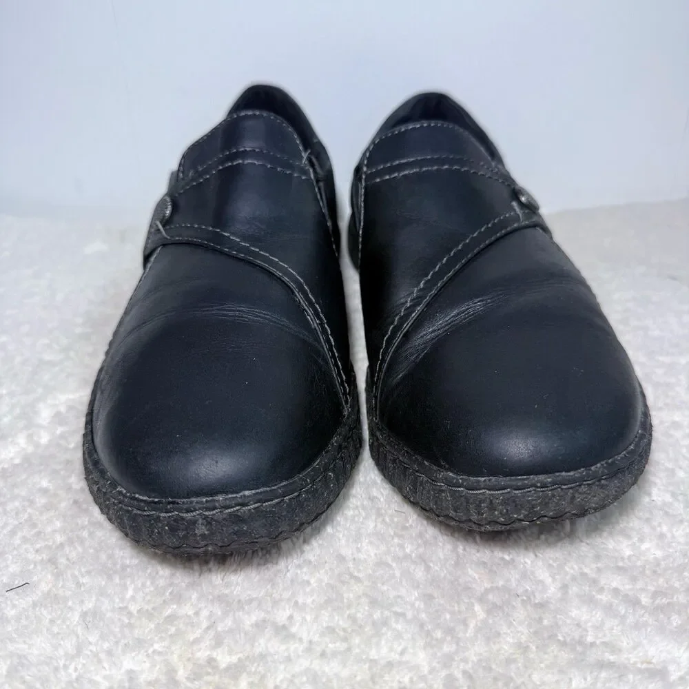 Clarks Leather Shoes Women's 11 Black Caroline Pearl Pull On Loafers Cushioned
